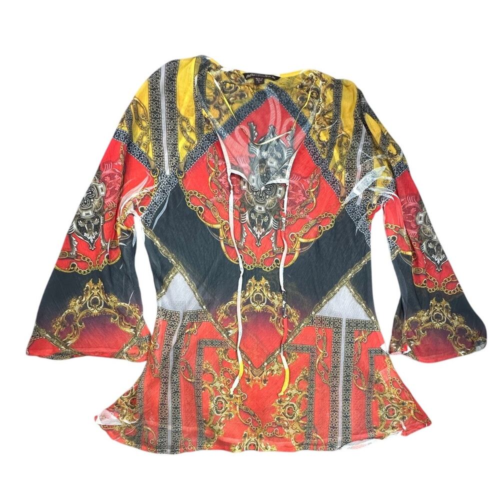 Mushka by Sienna Rose Sheer Mesh Chain Print Bell Sleeve Top L